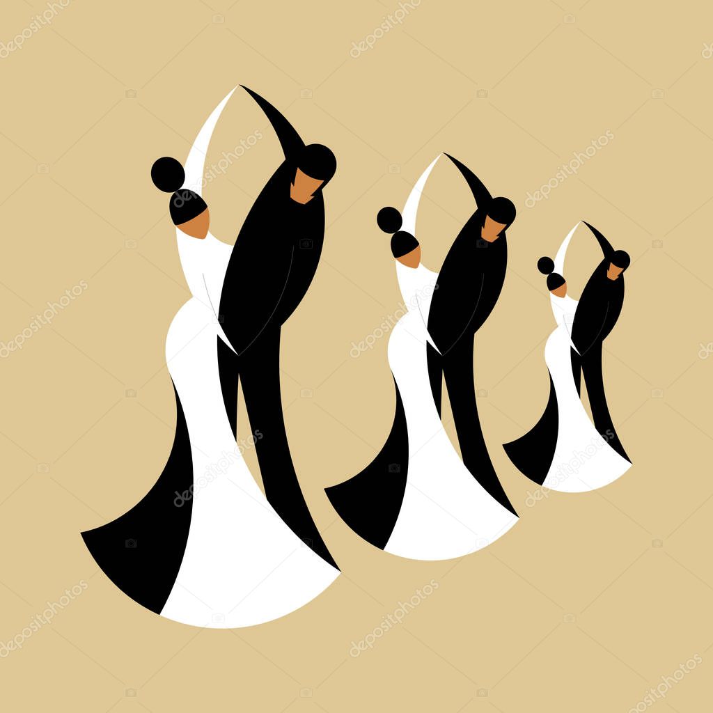 Vector flat illustration of stylized three dancing couples on a beige background. Flat style. Ideal for catalogs, information, ballroom and disco club.