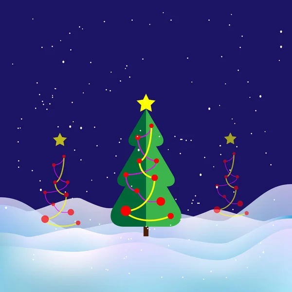 ベクトルの図 流行のメリー クリスマスと新年の夜背景を青します クリスマス ツリーと花輪の装飾 ふきだまり 雪のある冬景色とクリスマス背景 — ストックベクタ