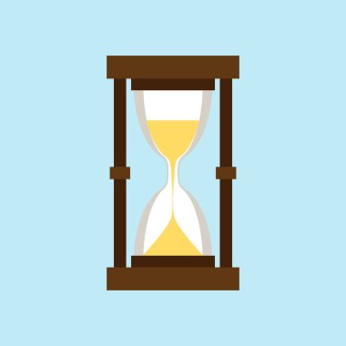 Kum saatinin vektör çizimi. Açık mavi arka planda kum saati. Modern düz stil. Sunumlar, iş dünyası, bilgi, kataloglar, bilgiler, web sitesi, uygulama, sosyal medya için moda kavramı