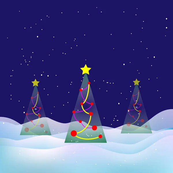 ベクターのトレンディーなイラスト 冬のクリスマスの風景 雪の夜 クリスマスツリー ガーランドの装飾 星や雪のドリフト すべてのレイヤーとグループは簡単に編集と色の変更のために編成されています — ストックベクタ