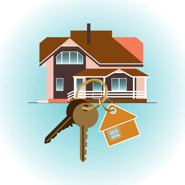 买或租新房 钥匙环与房子背景的键 时尚的符号概念的目录 房地产和建筑公司 平面样式的矢量插图 — 图库矢量图片