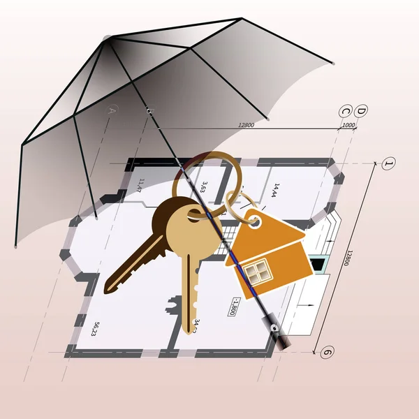 Umbrella Protegge Transazione Immobiliare Ombrello Aperto Portachiavi Con Chiavi Sullo — Vettoriale Stock