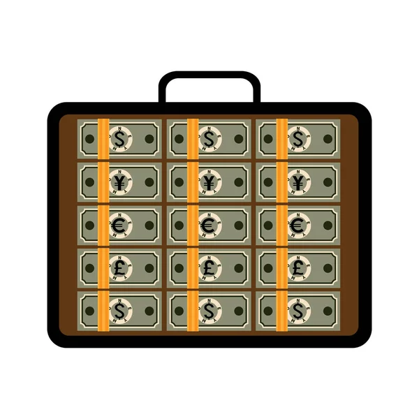 Suitcase Full Money Open Briefcase Bundles Dollars Euros Japanese Yens — Stock Vector