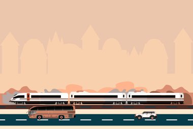 Vector illustration of different types of public passenger transport on a city silhouette background. Train, bus, car ride on the road. Concept for infographic, catalogs, information, travel, website.
