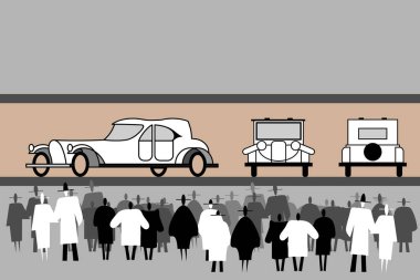 İnsanlar aristokratik retro arabalar sergisinde duruyor. Vintage zarif araba. Ön, arka, yan görüş. Siyah ve beyaz insan siluetleri. Kalabalık bir retro araba gösterisinde. Vektör düz illüstrasyon.