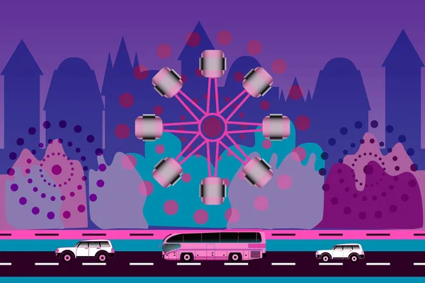 Two Cars Bus Ferris Wheel City Background Color Palette Purple — Stock Vector