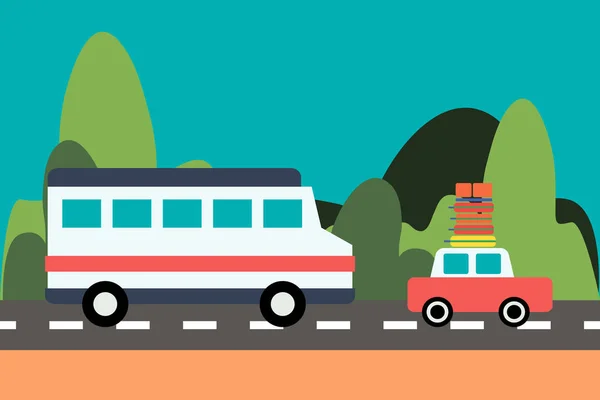 Автомобіль Багажем Даху Автобусом Їздить Шосе Машини Сімейного Відпочинку Фоні Стокова Ілюстрація