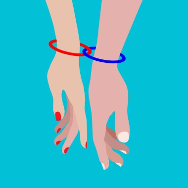 İki yüzük elinde birkaç içinde aşk bağlayın. Mavi bir arka plan üzerinde izole erkek ve dişi eller. Erkek ve kadın birlikte. Sevgililer günü, aşk, dostluk kavramı. Vektör düz çizim
