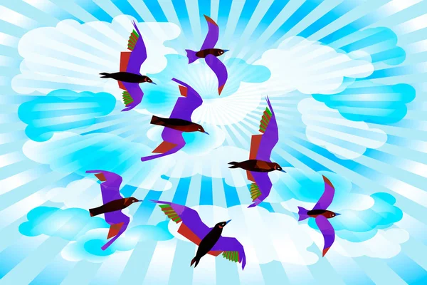 Gökyüzünde Uçan Kuşlar Gökyüzündeki Bulutlar Işınları Ile Beyaz Mavi Renk — Stok Vektör