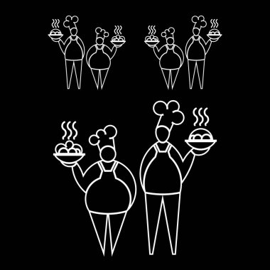 Şefler ve garsonlar bir grup yemekleri sıcak pişmiş gıda ile tutmak. İnsanlar siluetleri tam büyüme siyah bir zemin üzerine beyaz özetliyor. Genel planı. Tek renkli çizim kadın ve erkek üniformalı stilize. Vektör simge güzel yemekler.