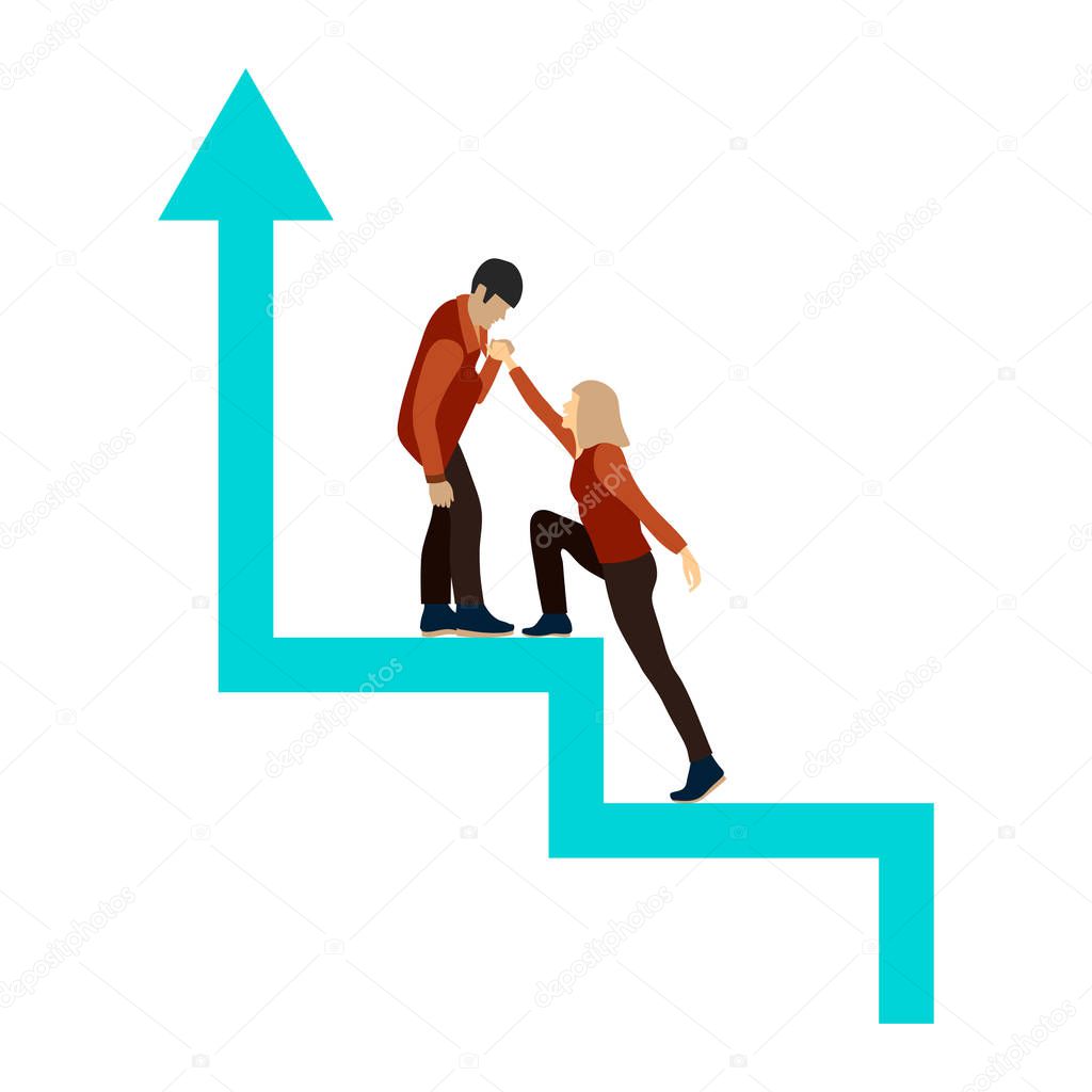 Man and woman in full growth on the success stairs. Stylized career ladder. Guy helps girl to climb up. Man extends woman a helping hand. Symbol of friendship, help, career growth, motivation. Vector flat concept of people going to success.
