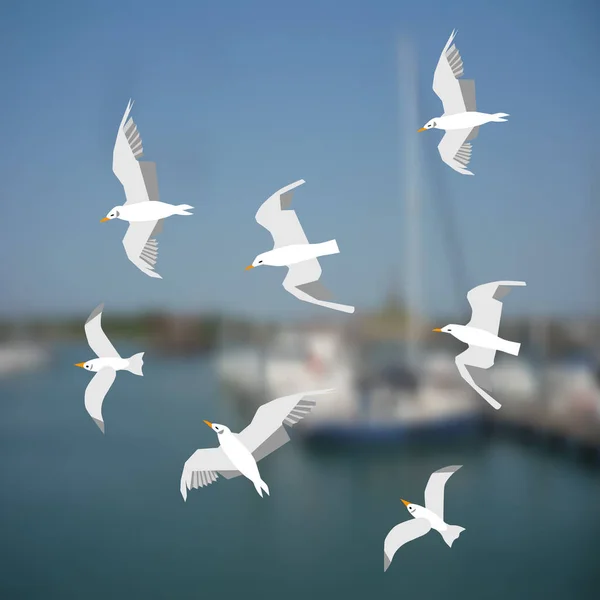 Grupo de gaviotas volando sobre el fondo marino — Archivo Imágenes Vectoriales