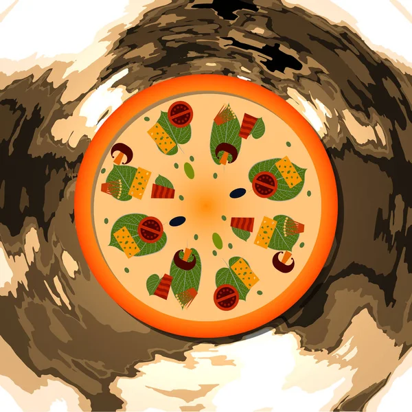 Italiaanse pizza met ingrediënten op een bruin marmer — Stockvector