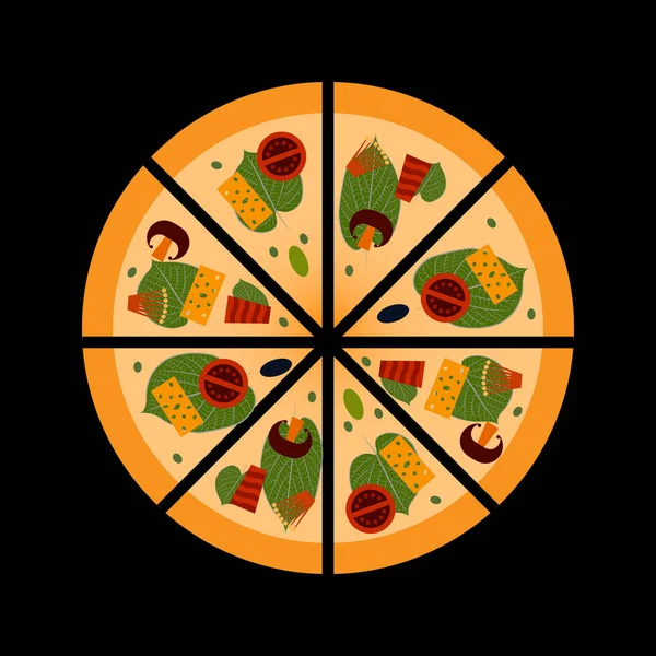 Verse pizza met tomaten, kaas, olijven, spek — Stockvector