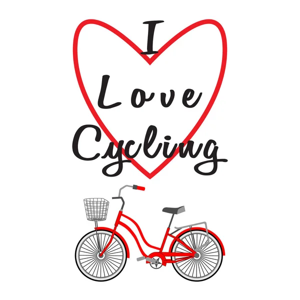 Fiets, hart en ik hou van fietsen belettering — Stockvector