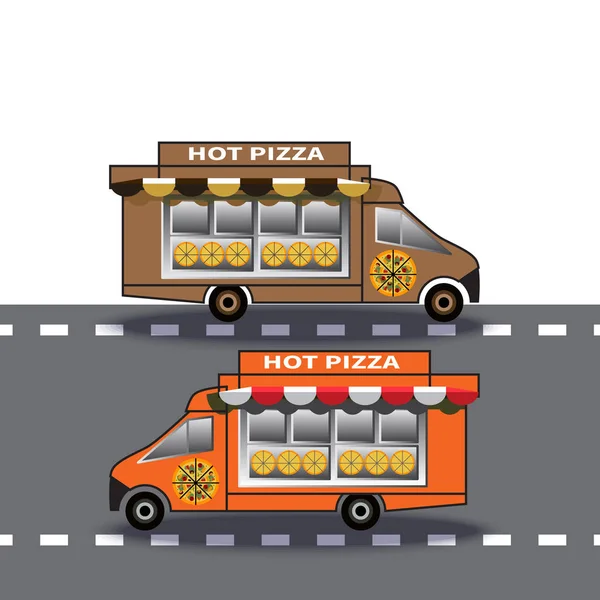 Twee levering truck pizza's rijden langs de snelweg — Stockvector