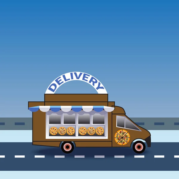 Eten en pizza levering truck ritten op de weg — Stockvector