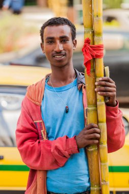 Addis Ababa, Etiyopya, 27 Ocak 2014, sokakta satan şeker kamışı dostum