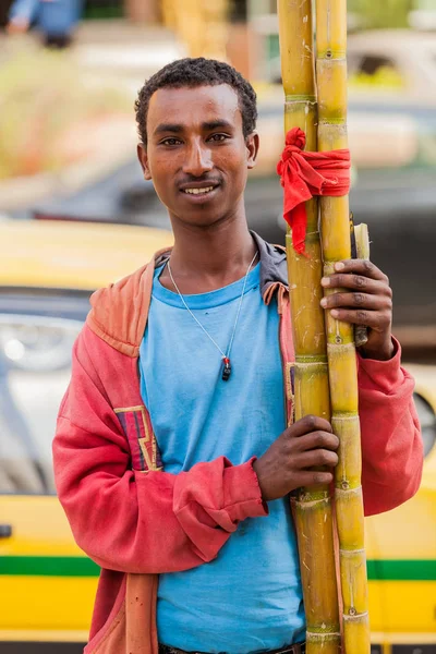 Addis Ababa, Etiyopya, 27 Ocak 2014, sokakta satan şeker kamışı dostum