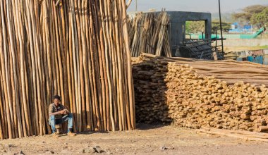 Addis Ababa, Etiyopya, 30 Ocak 2014, Afrika adam ahşap iskele bir yolun kenarında bir yığın yanında oturan