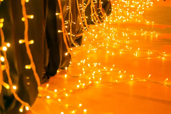 Luzes Fadas Led Laranja Brilhante Para Uma Festa Natal Evento — Fotografia de Stock