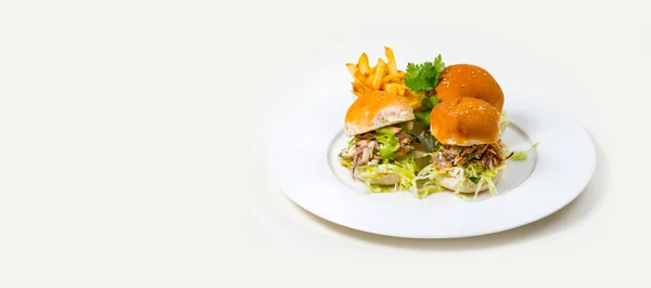 Burger Saumon Frites Sur Une Assiette Blanche Sur Fond Blanc — Photo