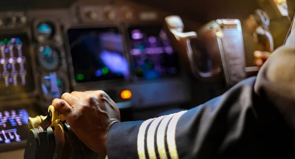 Cropped Hands African Pilot Flying Commercial Airplane Cockpit View Close — Stock Photo, Image