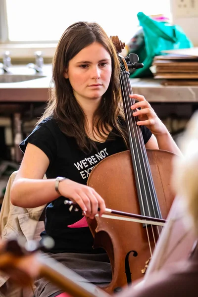 Diversos jóvenes en la orquesta de la escuela de música — Foto de Stock