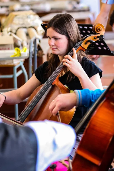 Diversos jóvenes en la orquesta de la escuela de música — Foto de Stock