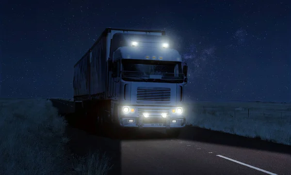 Logistique de camionnage longue distance nuit sur une route de campagne sombre — Photo