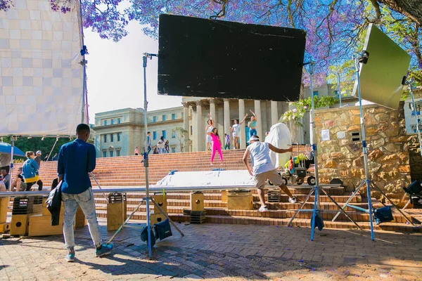 Detrás de las escenas de un anuncio de televisión Film Set en el lugar en — Foto de Stock