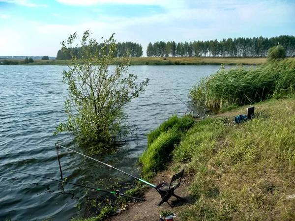 Sillas Senderismo Cañas Pescar Junto Lago —  Fotos de Stock