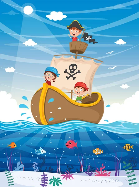 Διάνυσμα Ilustration Από Παιδιά Που Παίζουν Στην Παραλία Και Θάλασσα — Διανυσματικό Αρχείο
