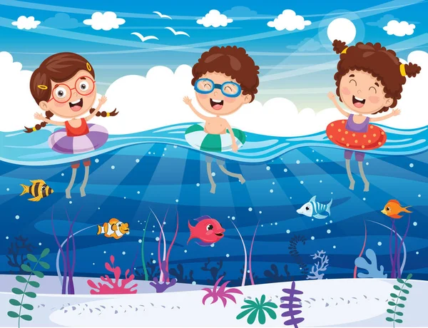 Ilustrazione Vettoriale Dei Bambini Che Giocano Sulla Spiaggia Sul Mare — Vettoriale Stock