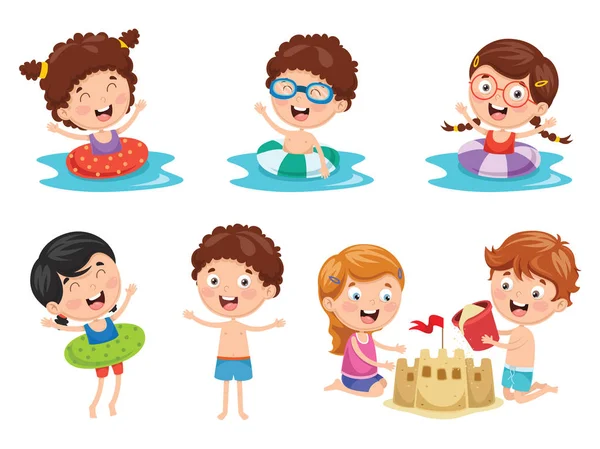 Vector Ilustration Van Kinderen Spelen Het Strand Zee — Stockvector