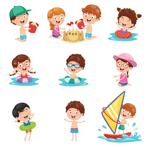 Ilustración Vectorial Niños Jugando Playa Mar — Vector de stock