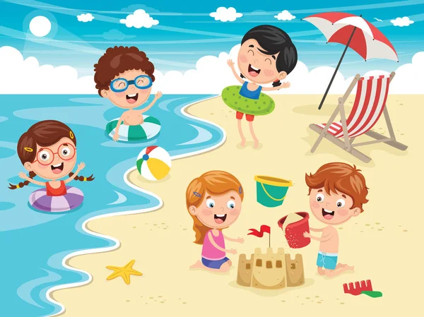 Διάνυσμα Ilustration Από Παιδιά Που Παίζουν Στην Παραλία Και Θάλασσα — Διανυσματικό Αρχείο