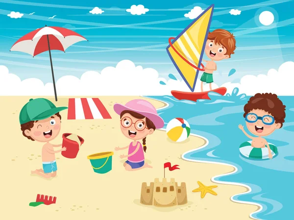 Ilustração Vetorial Crianças Brincando Praia Mar — Vetor de Stock