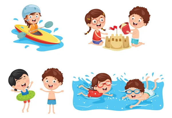 Ilustración Vectorial Niños Jugando Playa Mar — Vector de stock