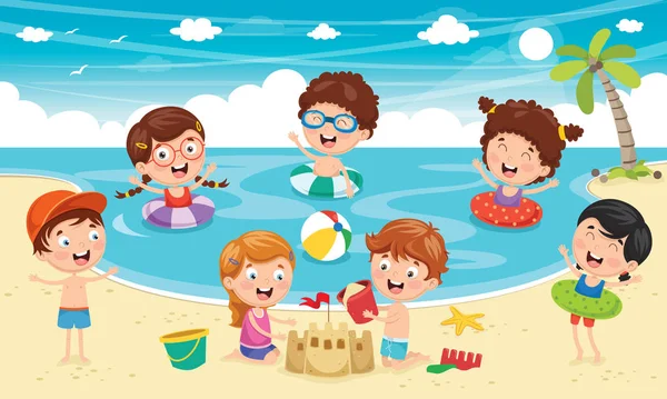 Vector Ilustration Of Kids Playing At Beach And Sea — Stock Illustration Vector Ilustration Kids Playing Beach Sea Royalty Free Stock Vectors