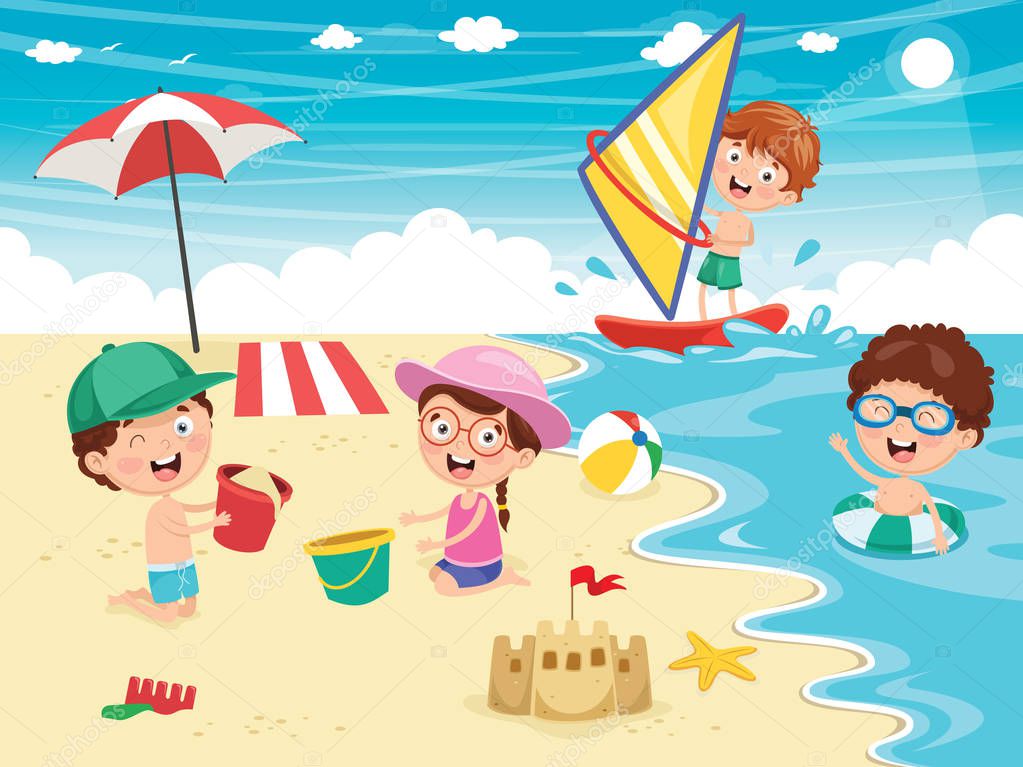 Vector Ilustration Of Kids Playing At Beach And Sea
