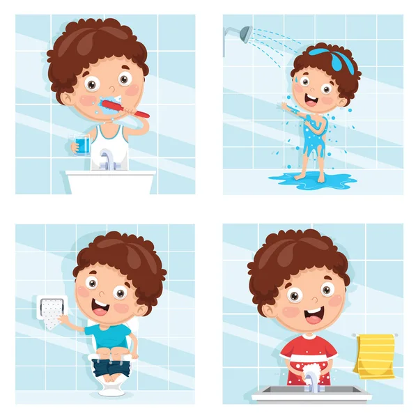 Vector Illustration Of Kid Bathing, Brushing Teeth, Washing Hands After Toilet — Stock Illustration Vector Illustration Kid Bathing Brushing Teeth Washing Hands Toilet Vector Graphics