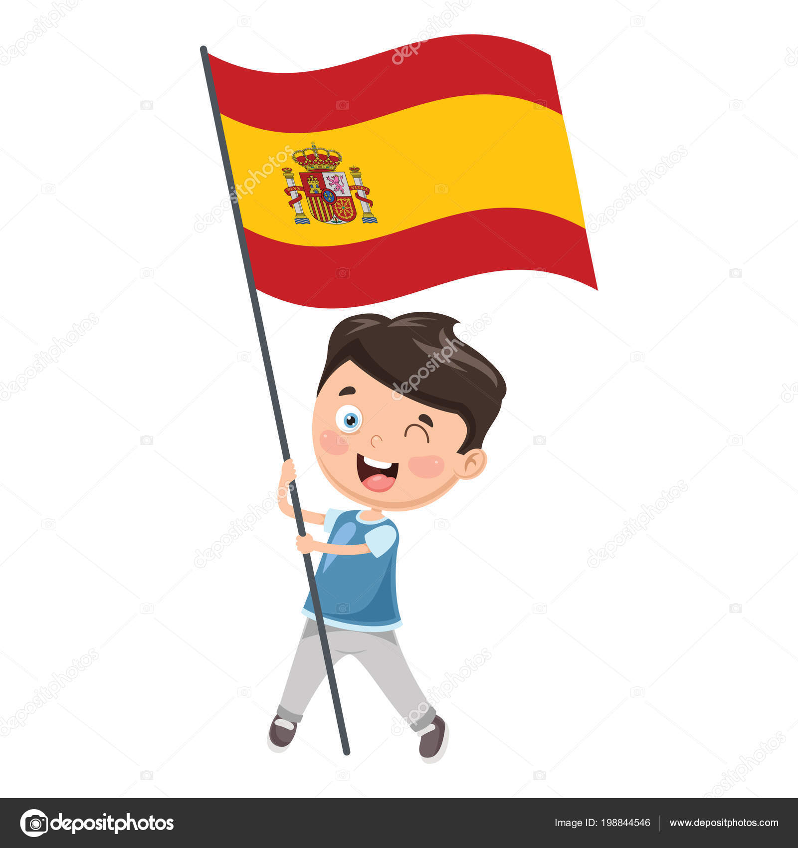 Vector Illustration Kid Holding Flag Векторное Изображение.