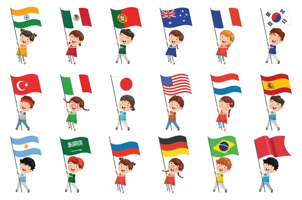 Vector Illustration Kids Holding Flags — Stock Vector