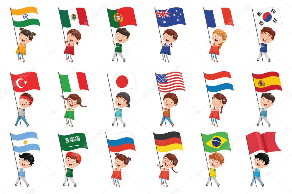 Vector Illustration Of Kids Holding Flags