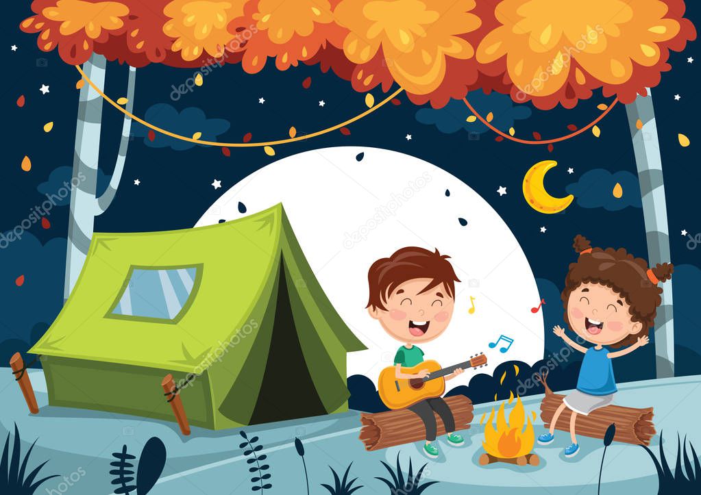 Vector Illustration Of Kids Camping