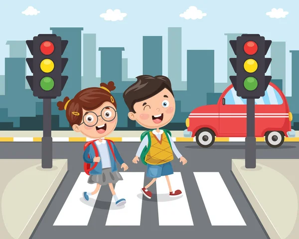 Vector Illustration Kids Walking Crosswalk — Stock Vector