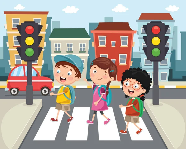 Vectorillustratie Van Kinderen Lopen Crosswalk — Stockvector