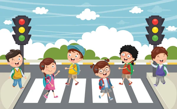 Ilustración Vectorial Niños Caminando Través Del Paso Peatones — Vector de stock