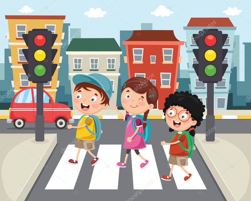 Vector Illustration Kids Walking Crosswalk — Stock Vector
